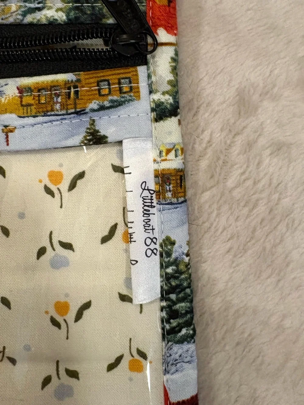Cross Stitch Pouch. Floral Vinyl Pouch with Village Print Trim - Yellow - Picture 3 of 3